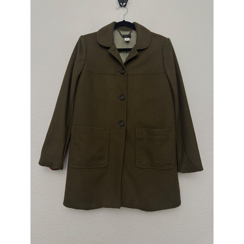 J.Crew Wool Coat Olive Green Peter Pan Collar Pockets Classic Retro Barn Chore